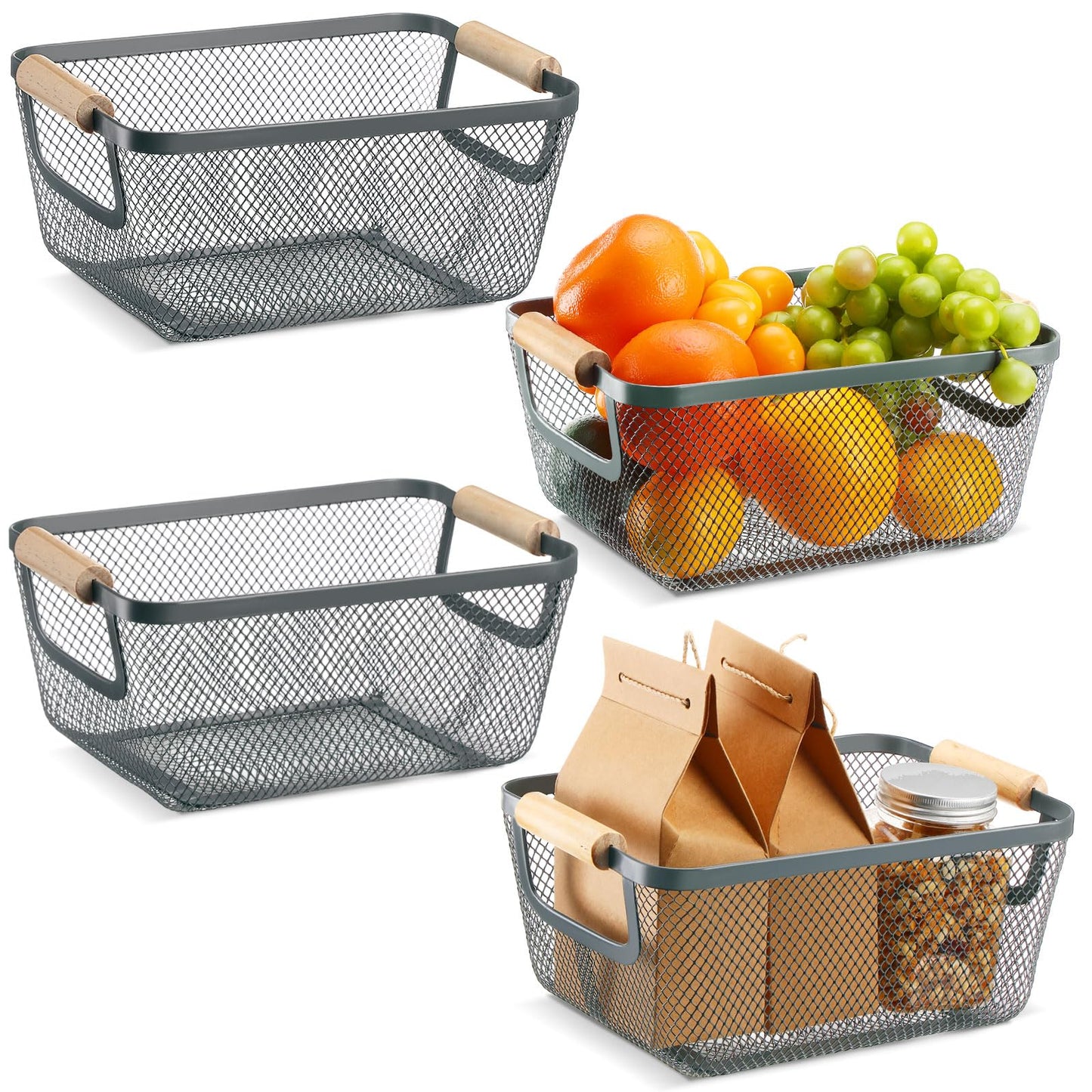 Metal Mesh Storage Baskets with Wooden Handles