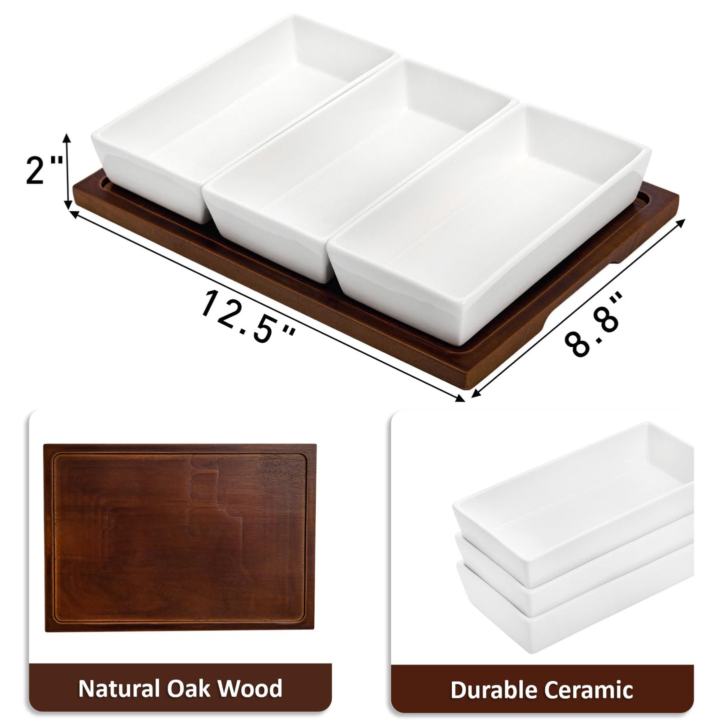 3-Section Wooden Serving Tray with Ceramic Bowls