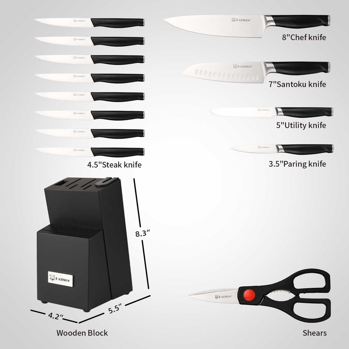 Stainless Steel Knife Set with Block and Sharpener