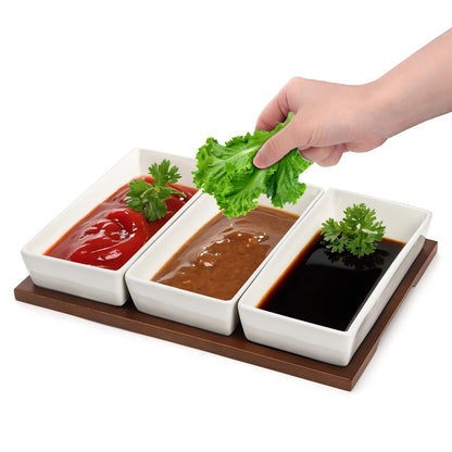 3-Section Wooden Serving Tray with Ceramic Bowls