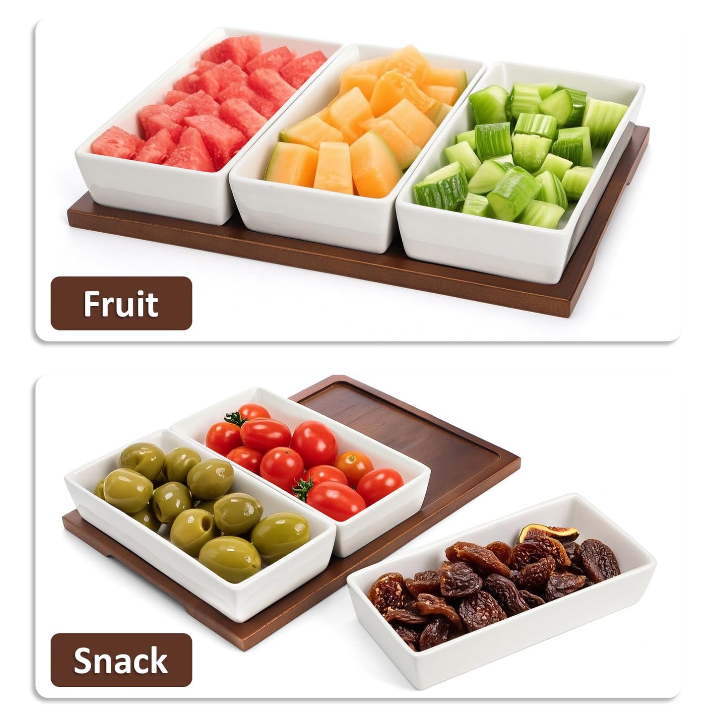 3-Section Wooden Serving Tray with Ceramic Bowls