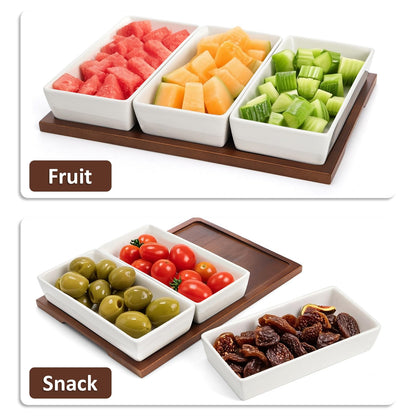 3-Section Wooden Serving Tray with Ceramic Bowls