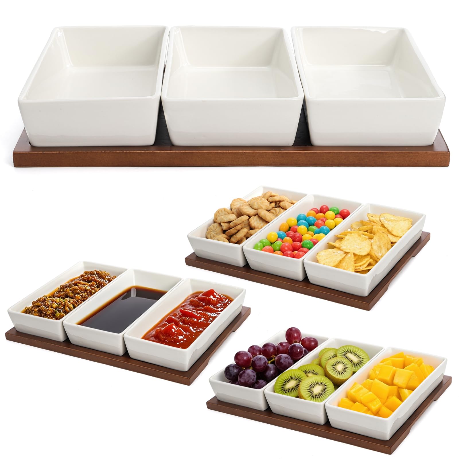 3-Section Wooden Serving Tray with Ceramic Bowls