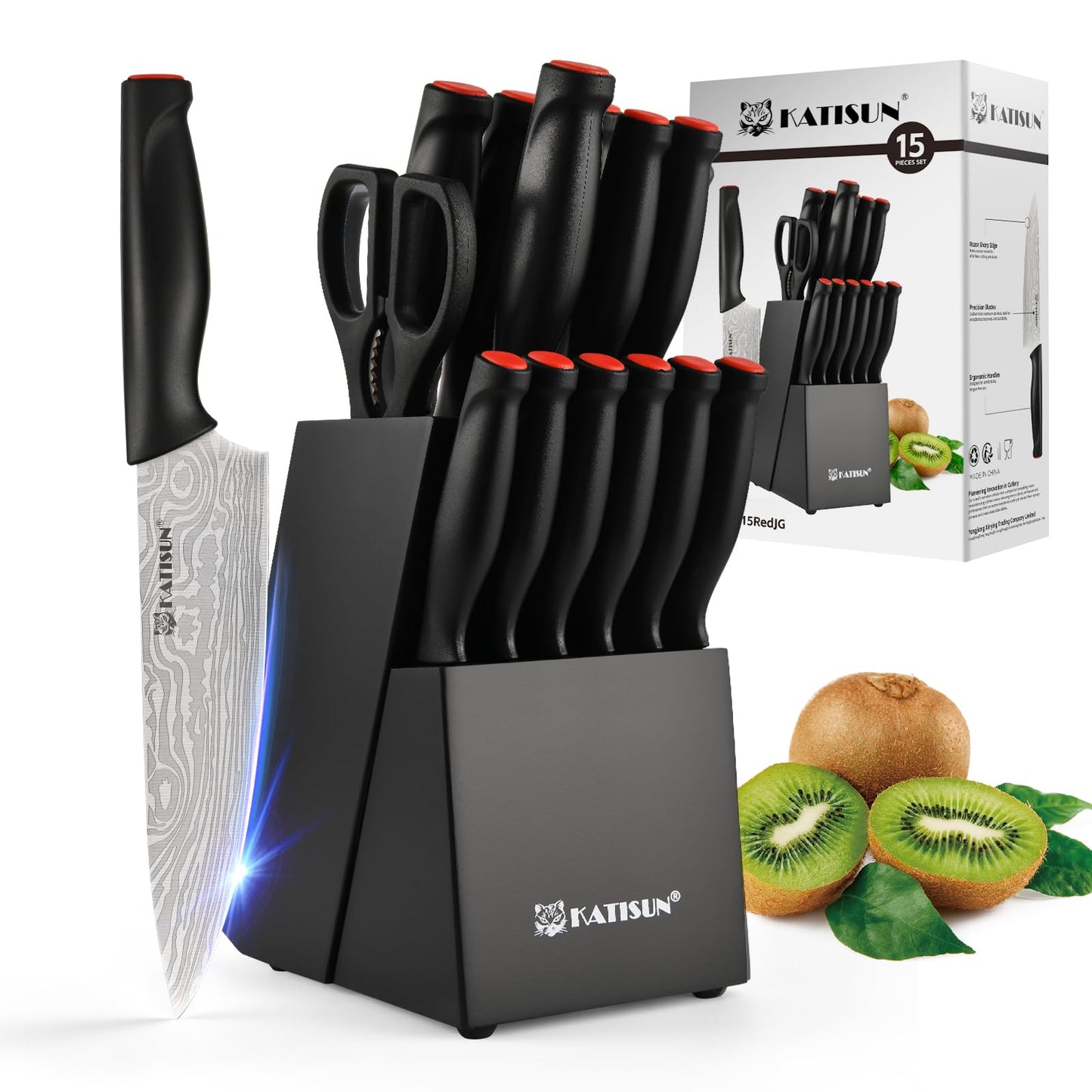 Stainless Steel Knife Set with Block and Sharpener