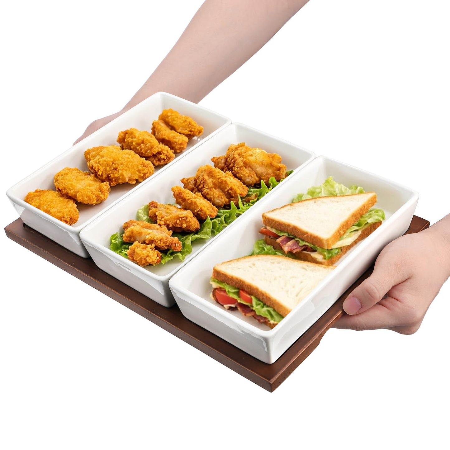 3-Section Wooden Serving Tray with Ceramic Bowls