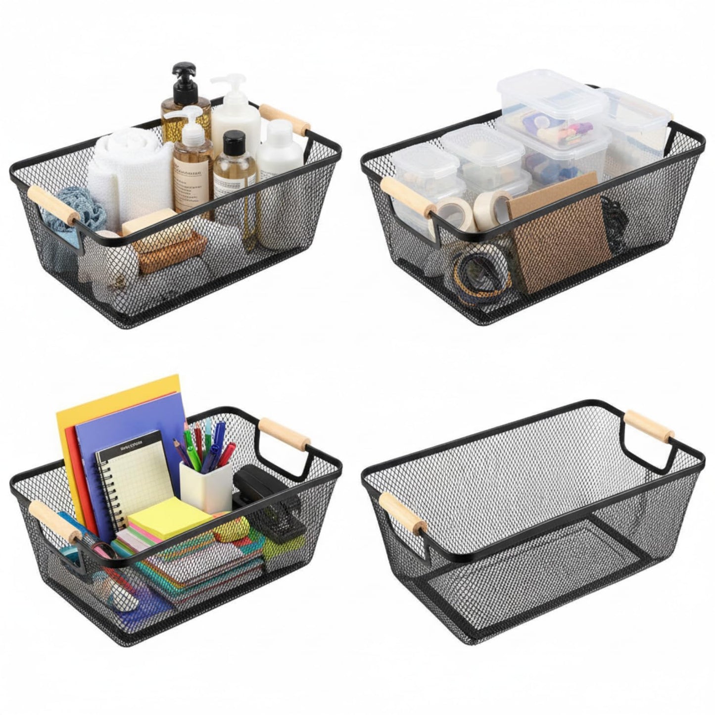 Metal Mesh Storage Baskets with Wooden Handles