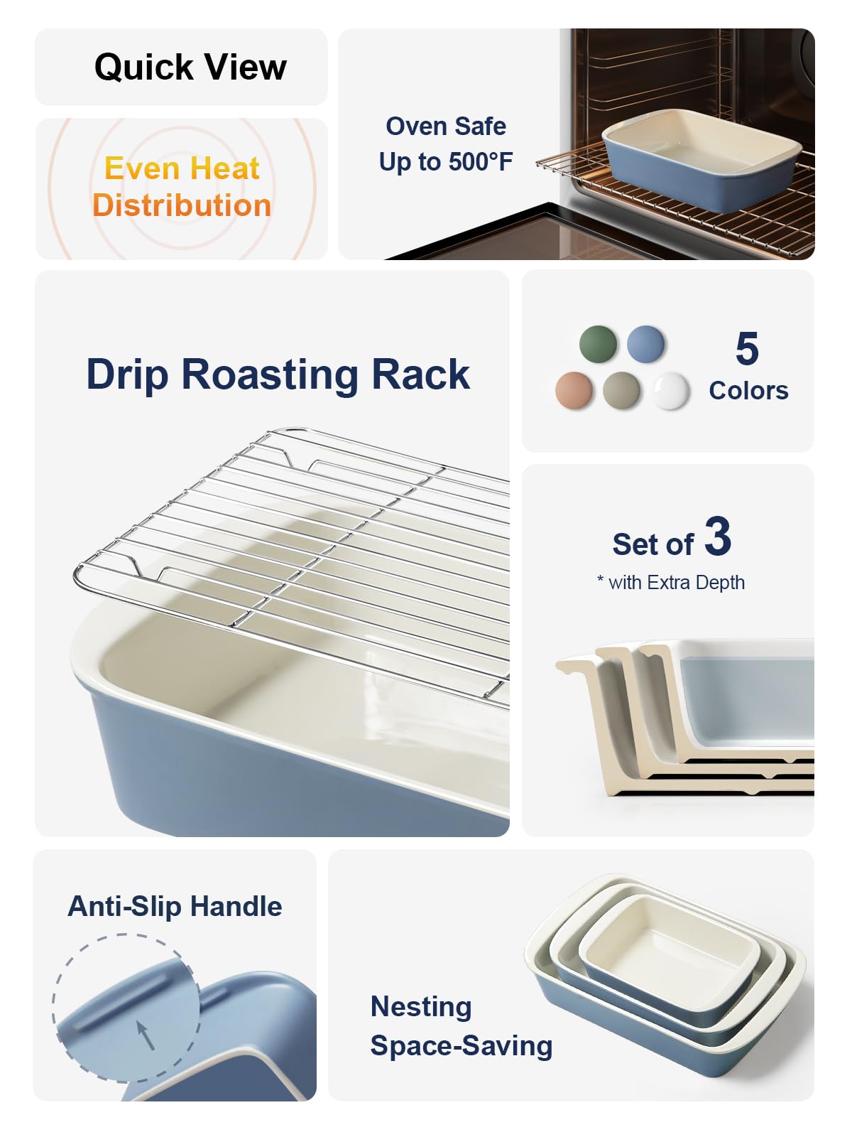 Ceramic Deep Casserole Baking Dish Set with Handles