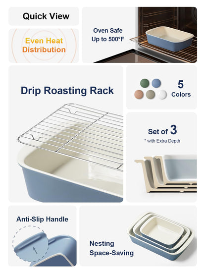 Ceramic Deep Casserole Baking Dish Set with Handles