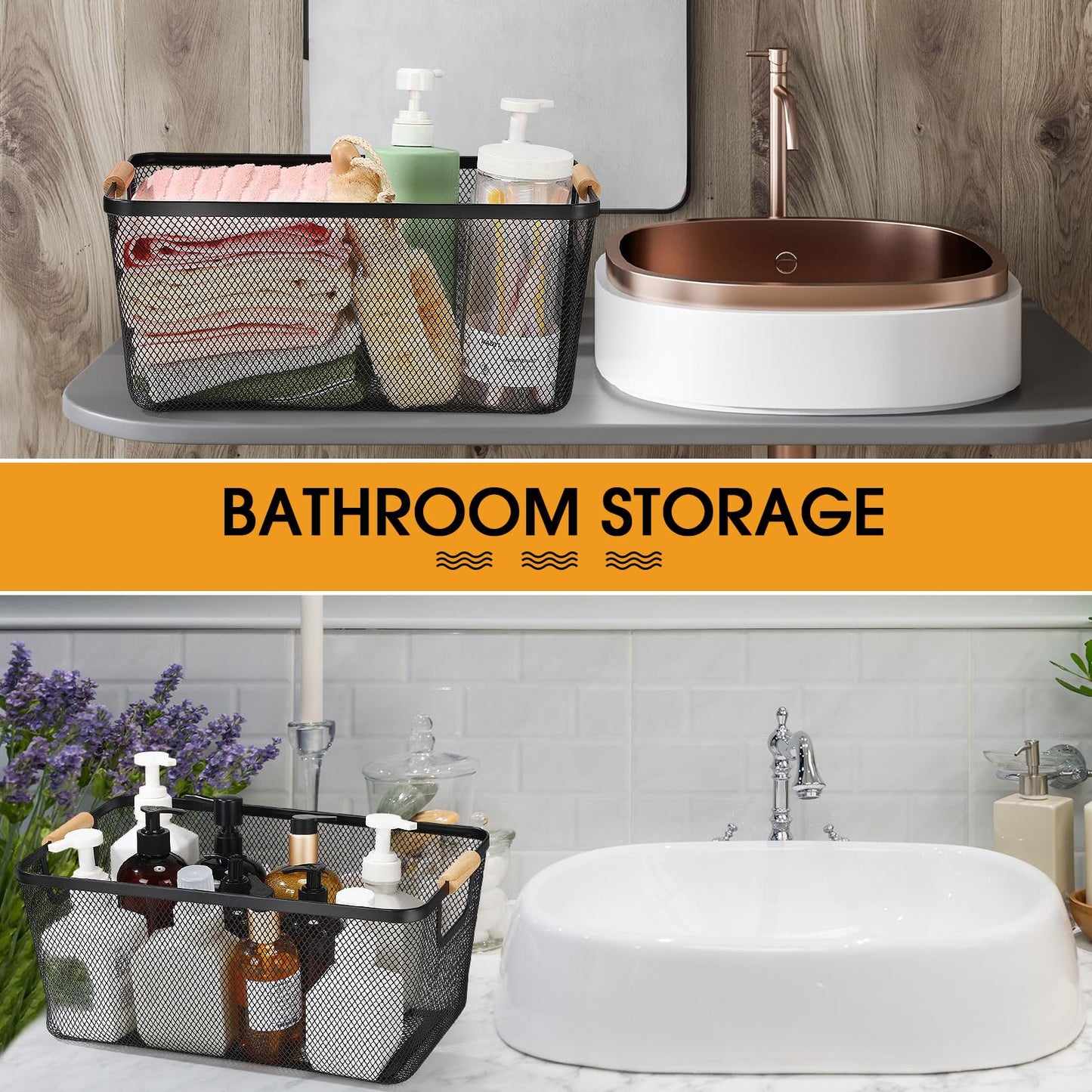 Metal Mesh Storage Baskets with Wooden Handles