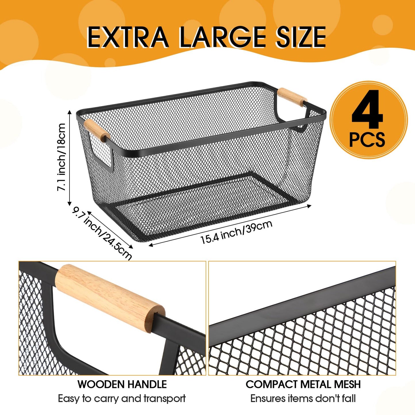 Metal Mesh Storage Baskets with Wooden Handles