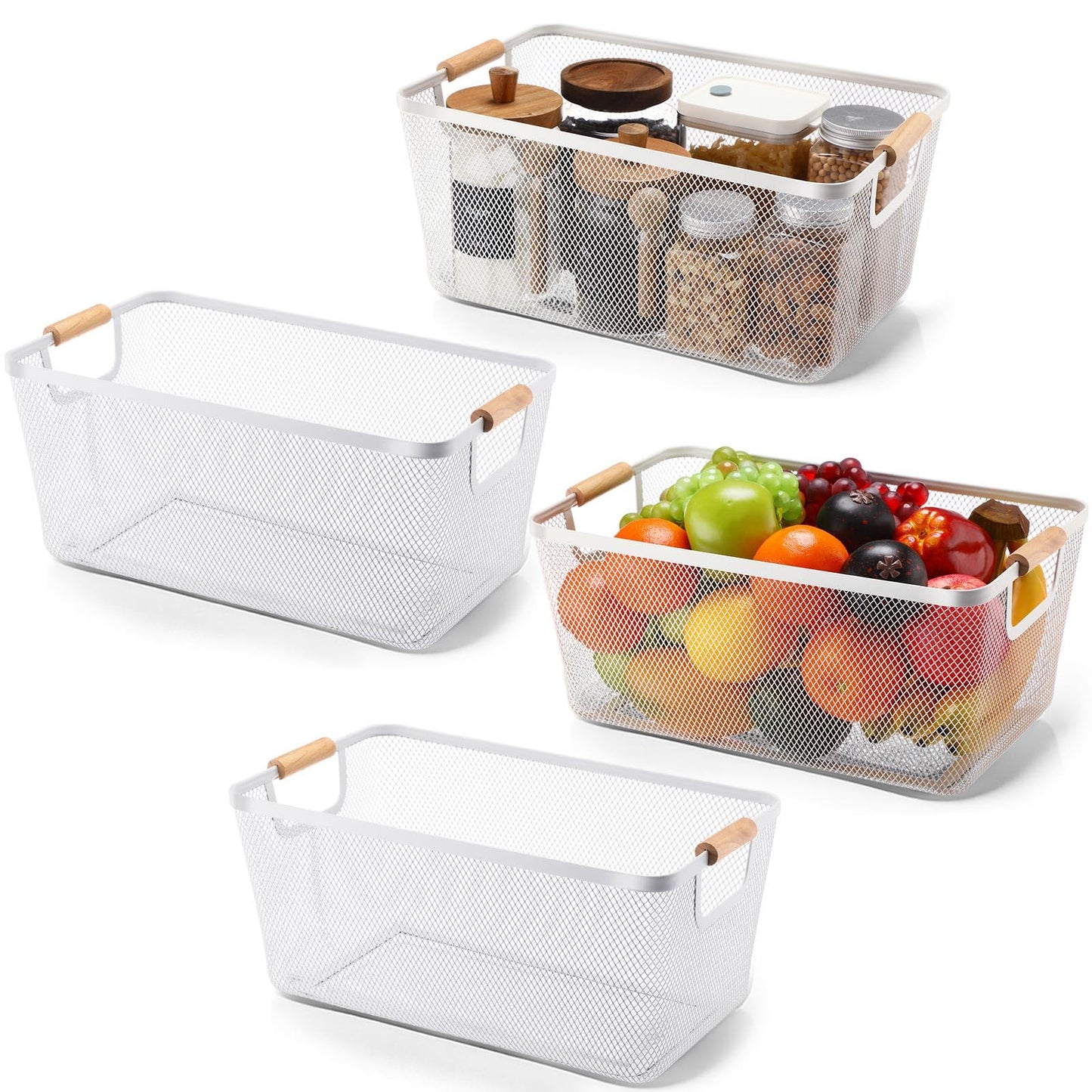 Metal Mesh Storage Baskets with Wooden Handles