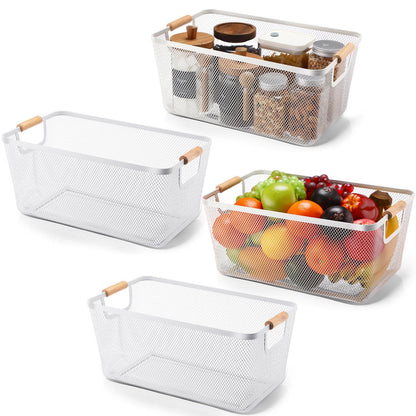 Metal Mesh Storage Baskets with Wooden Handles