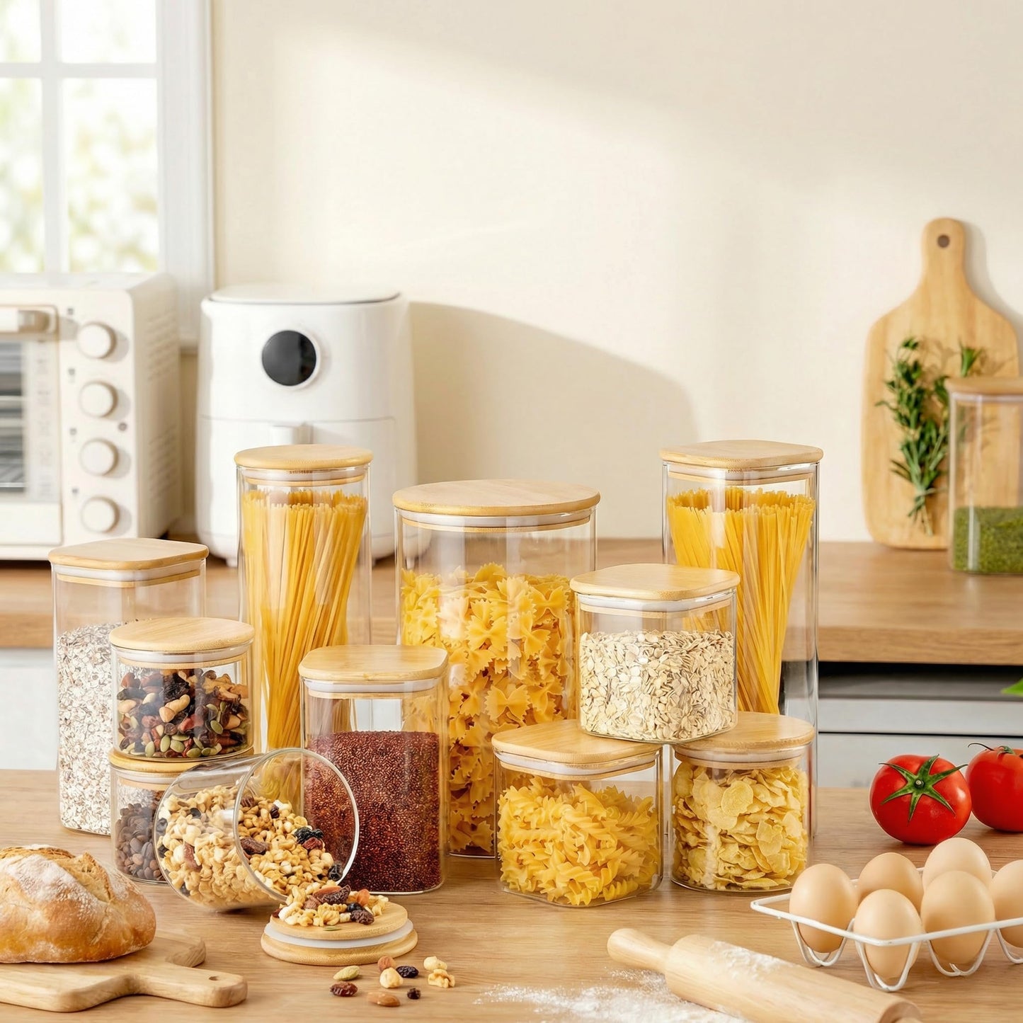 Glass Storage Jars with Bamboo Airtight Lids Set