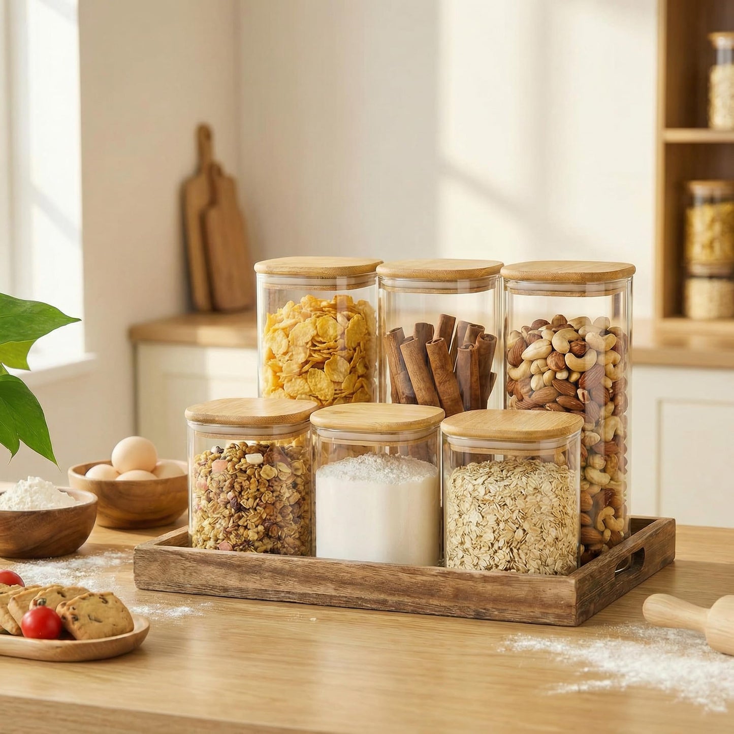 Glass Storage Jars with Bamboo Airtight Lids Set