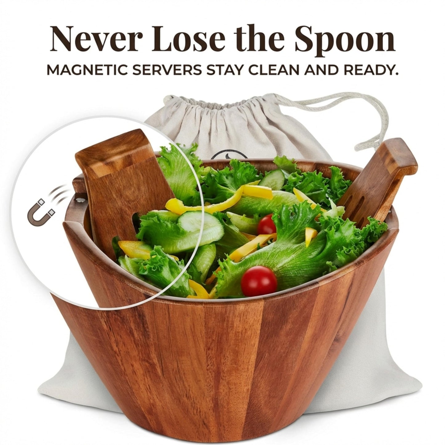 Large Wooden Salad Bowl Set with Utensils