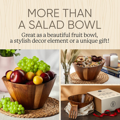 Large Wooden Salad Bowl Set with Utensils