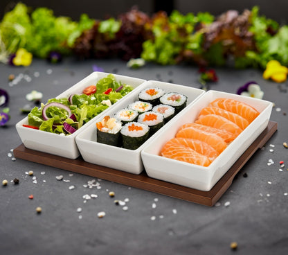 3-Section Wooden Serving Tray with Ceramic Bowls