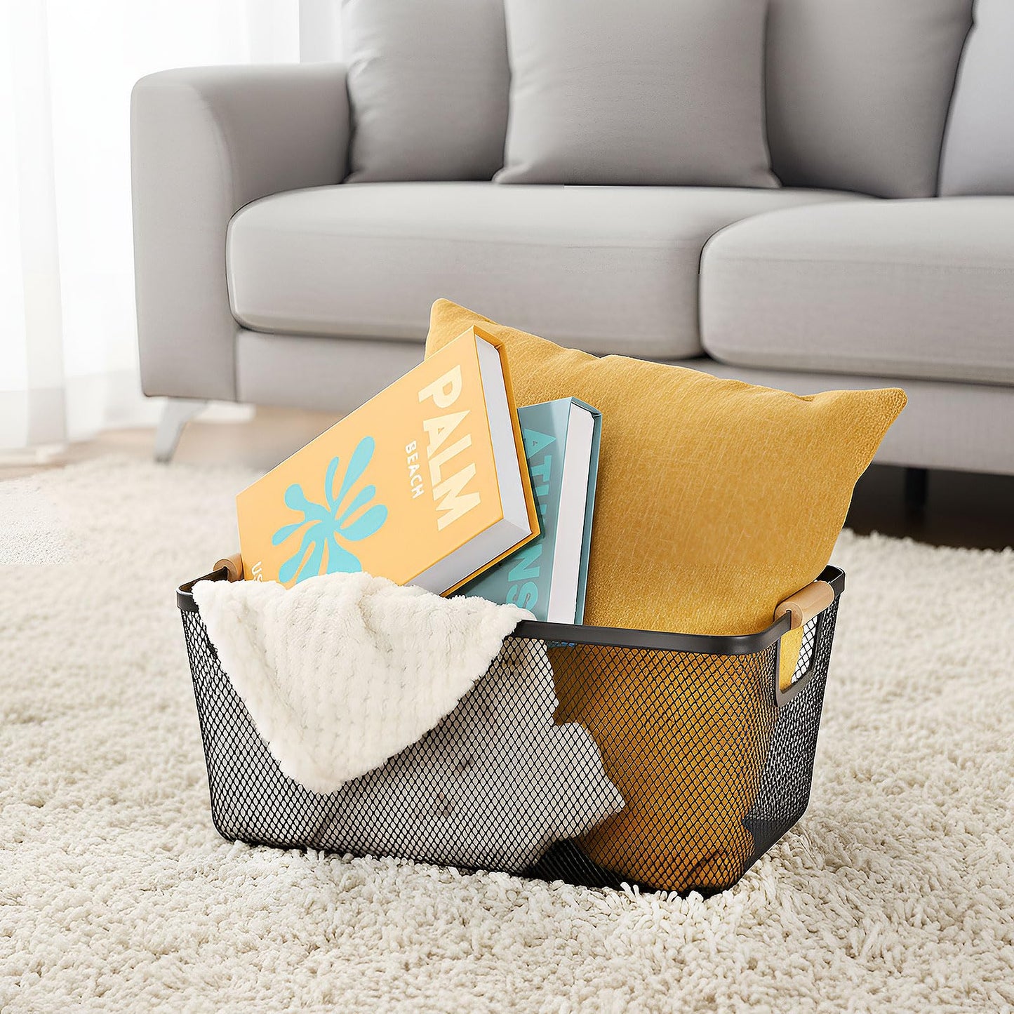 Metal Mesh Storage Baskets with Wooden Handles