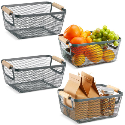 Metal Mesh Storage Baskets with Wooden Handles
