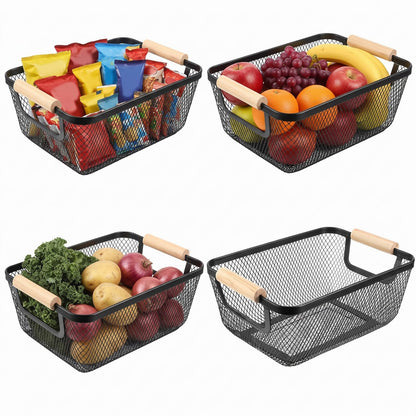 Metal Mesh Storage Baskets with Wooden Handles