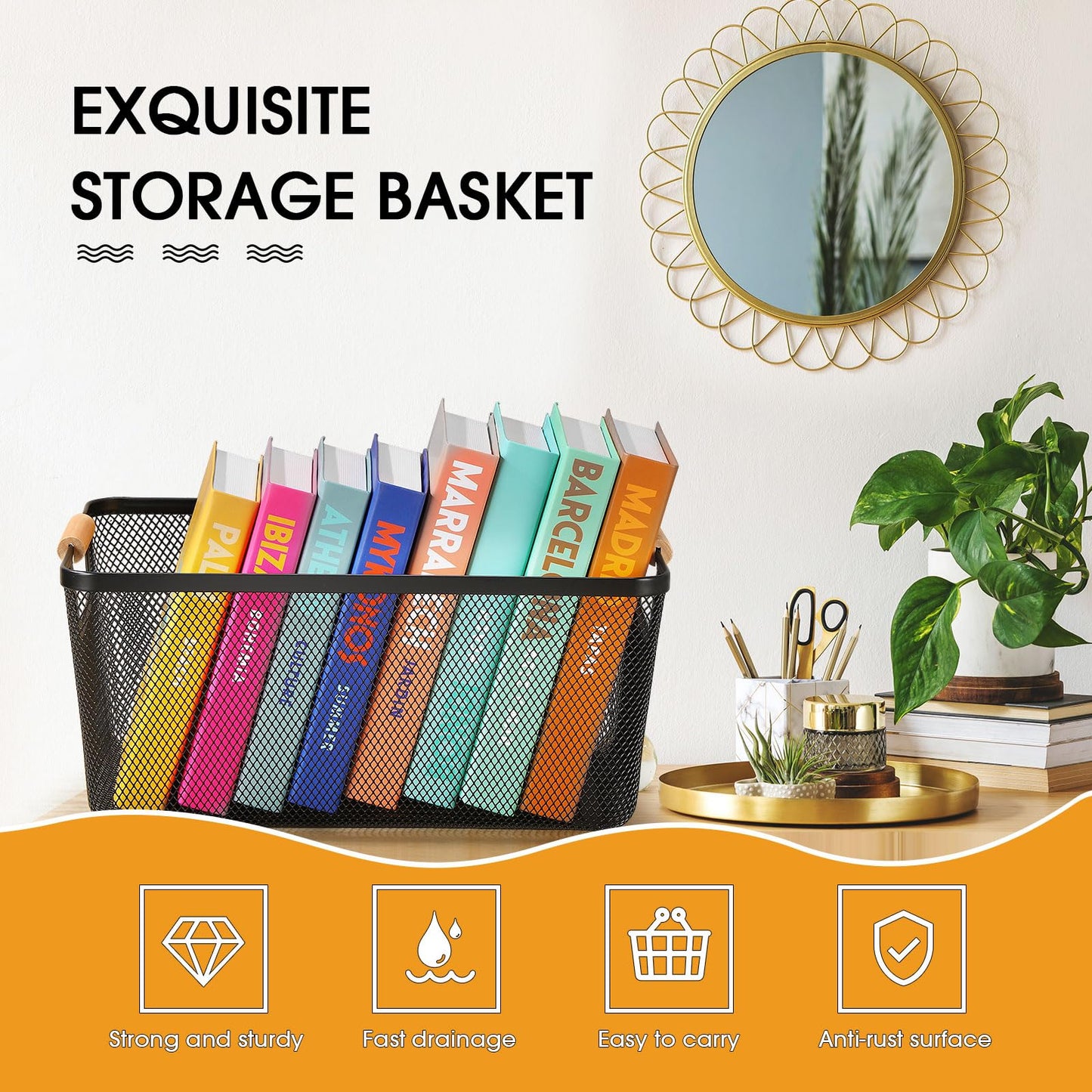 Metal Mesh Storage Baskets with Wooden Handles