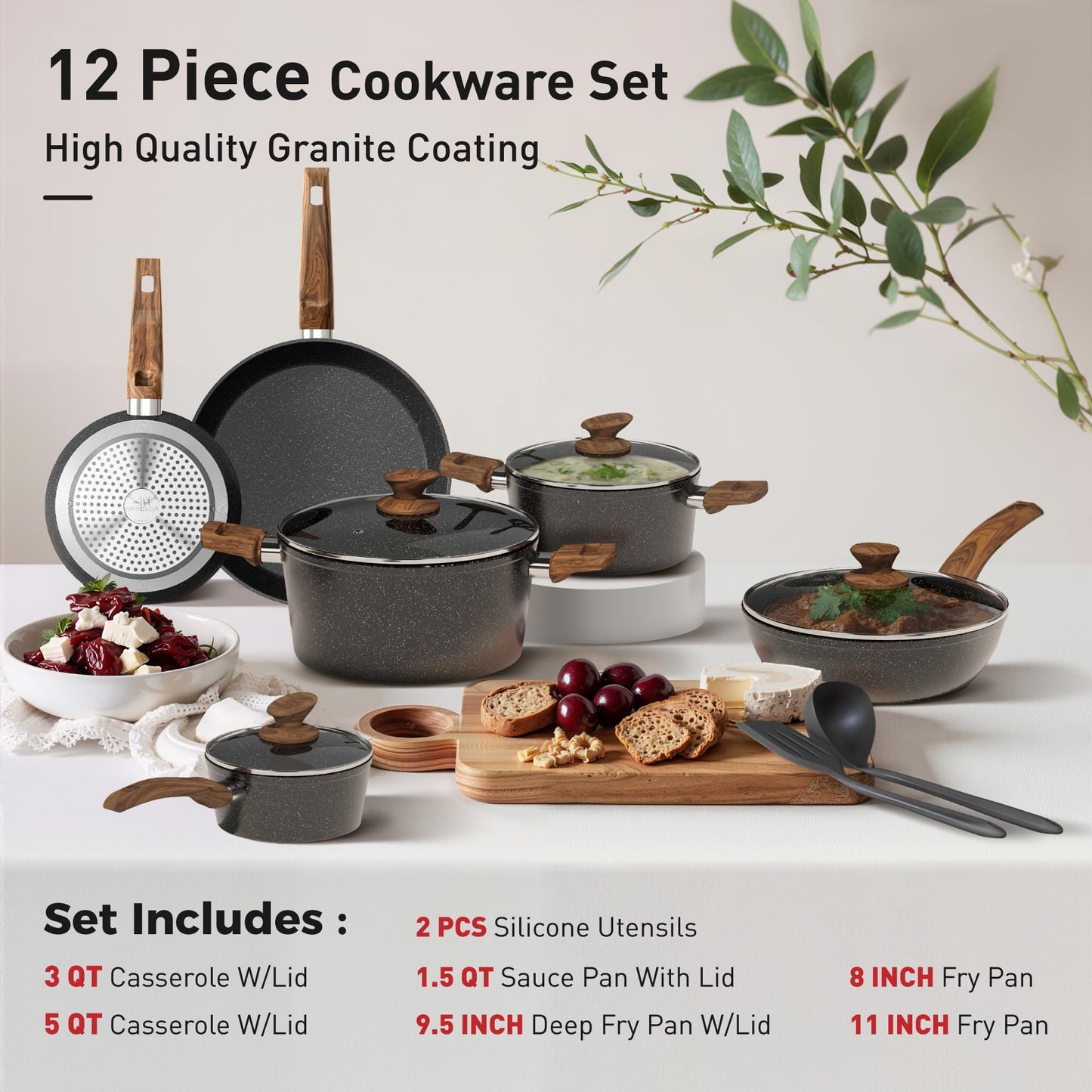 DishDelight 12 Piece Pots and Pans Set Non Stick