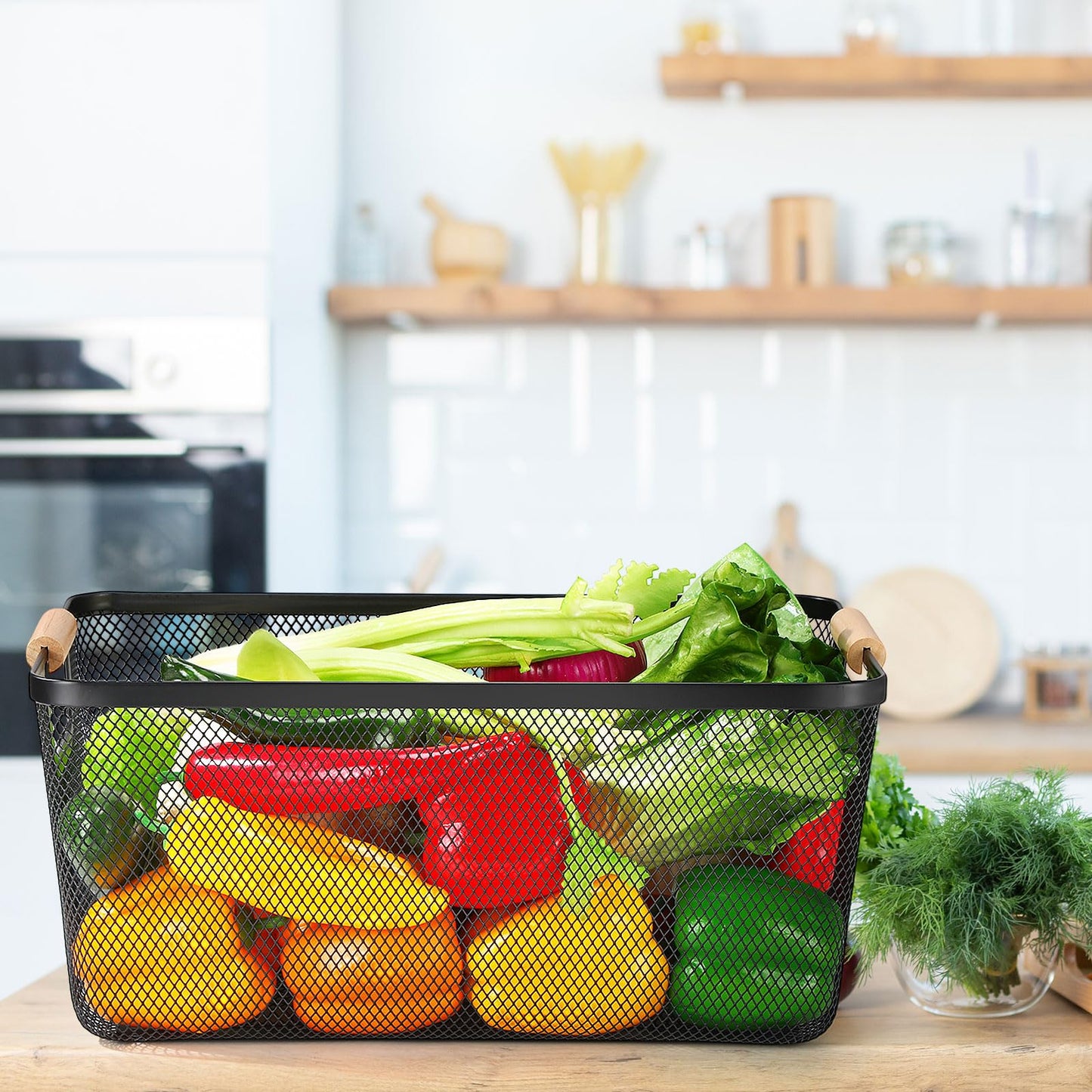 Metal Mesh Storage Baskets with Wooden Handles