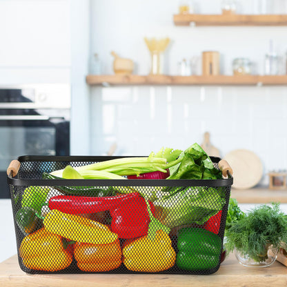 Metal Mesh Storage Baskets with Wooden Handles