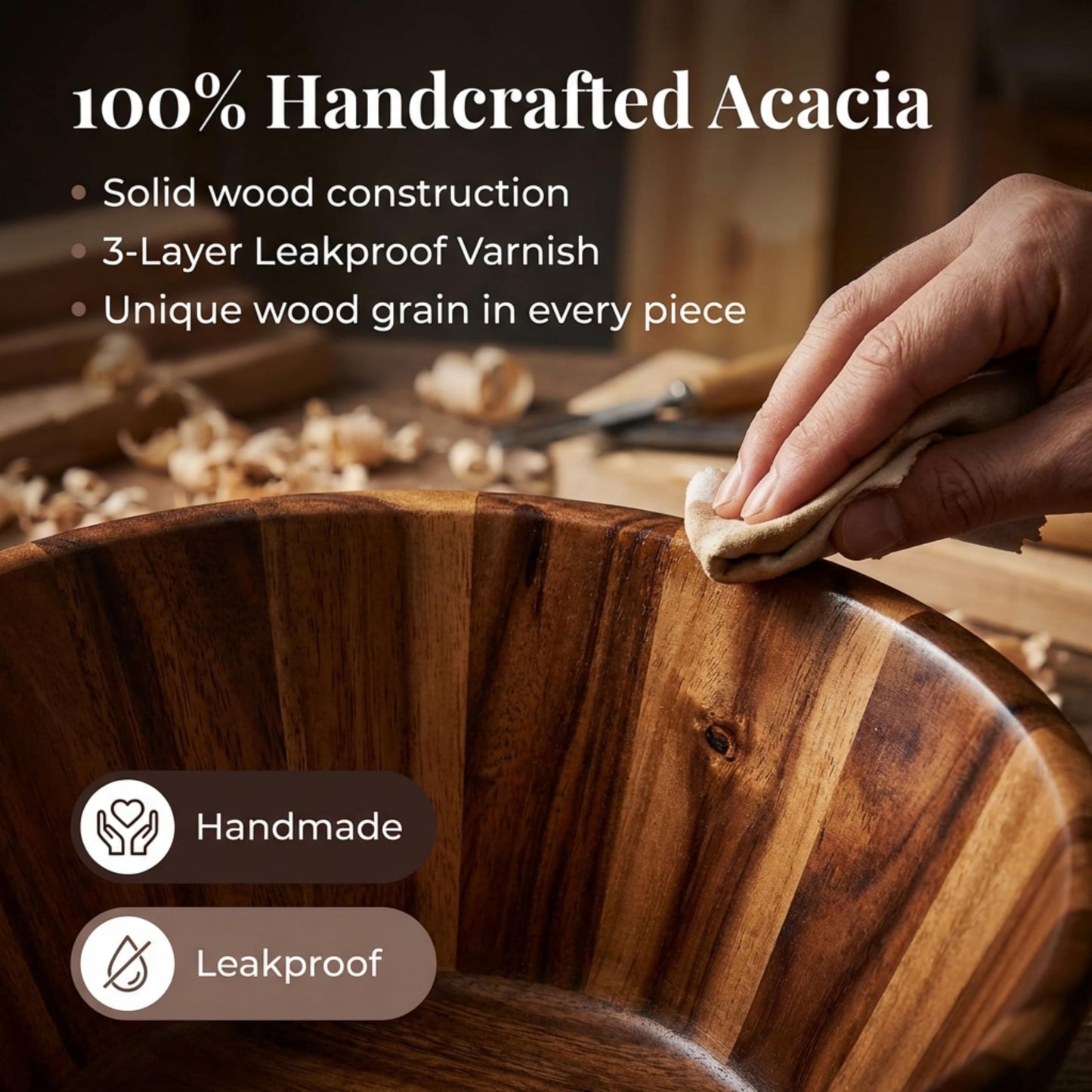 Large Wooden Salad Bowl Set with Utensils