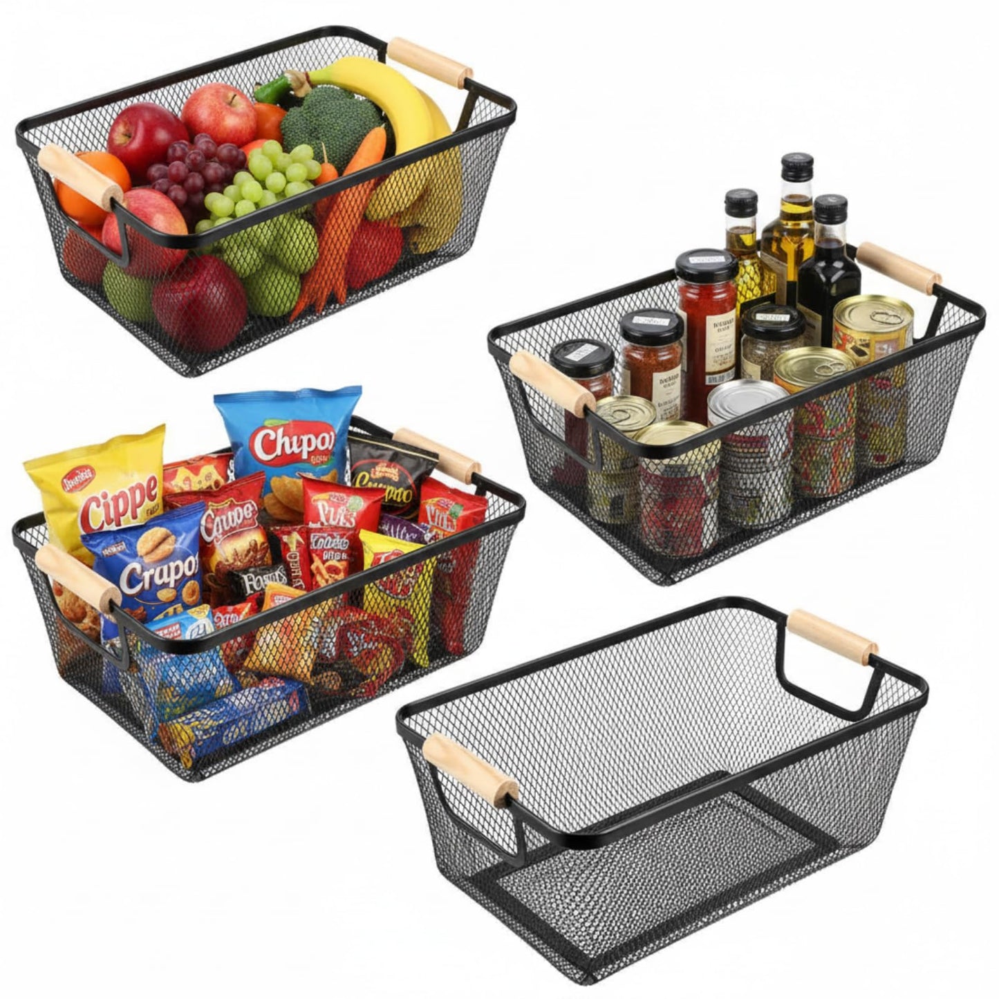 Metal Mesh Storage Baskets with Wooden Handles