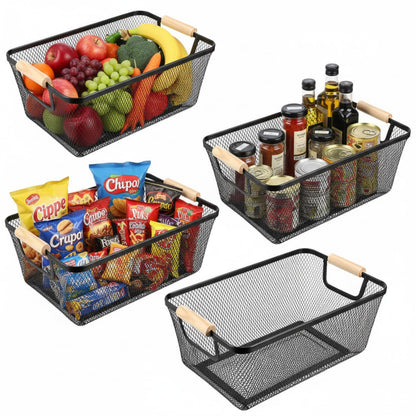 Metal Mesh Storage Baskets with Wooden Handles
