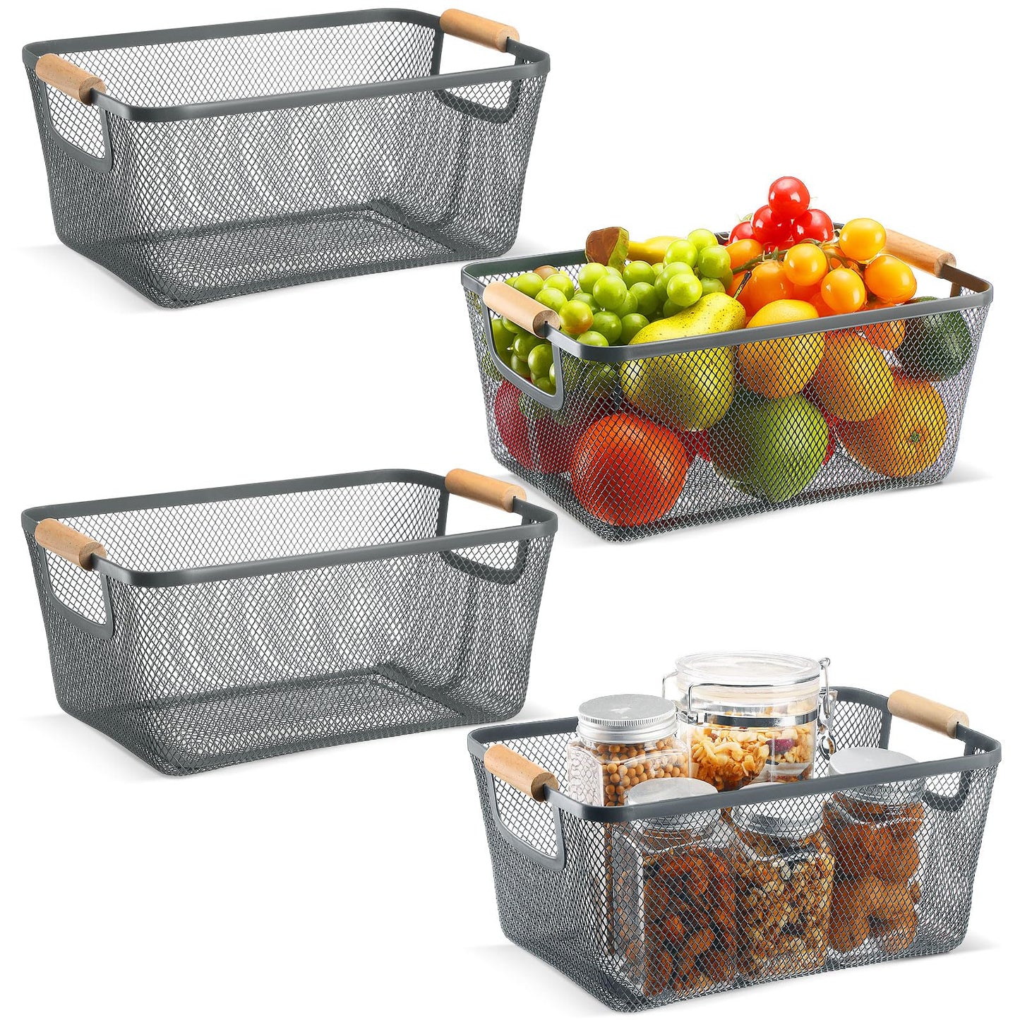 Metal Mesh Storage Baskets with Wooden Handles