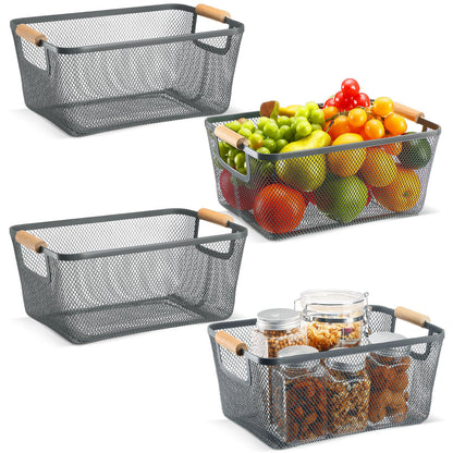 Metal Mesh Storage Baskets with Wooden Handles
