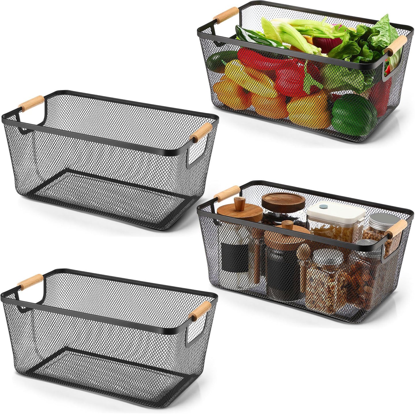 Metal Mesh Storage Baskets with Wooden Handles