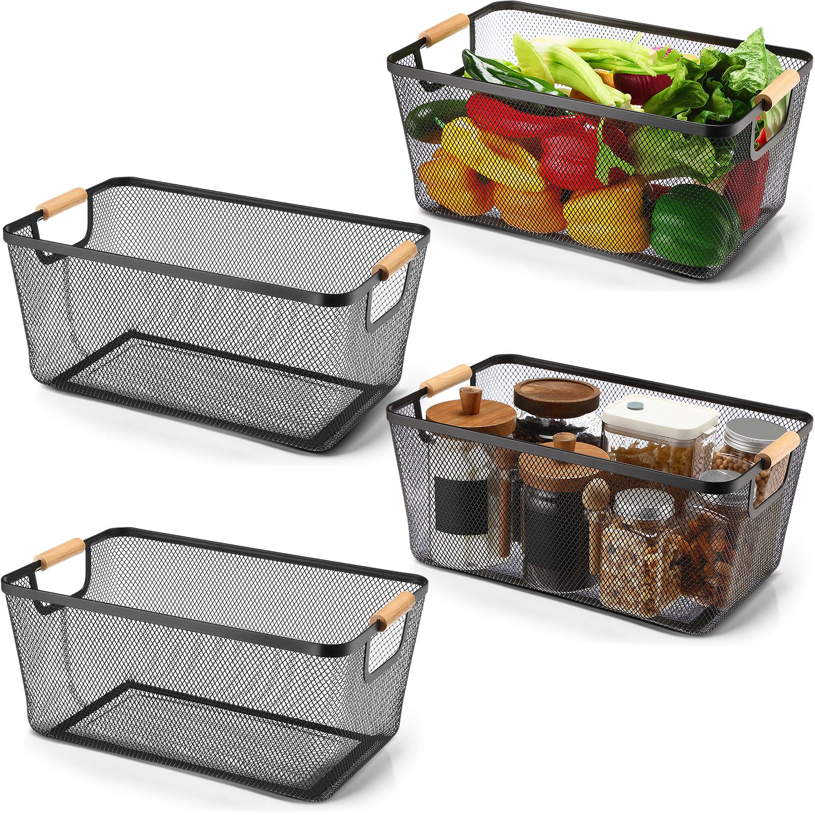 Metal Mesh Storage Baskets with Wooden Handles
