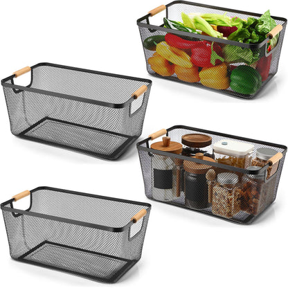Metal Mesh Storage Baskets with Wooden Handles
