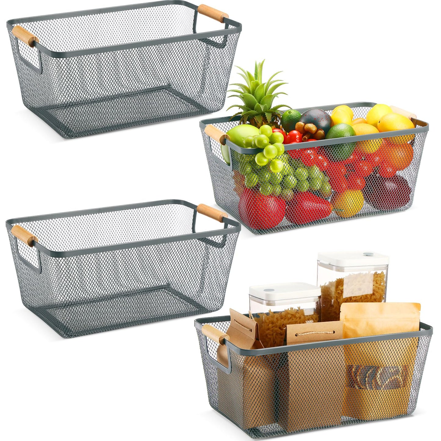 Metal Mesh Storage Baskets with Wooden Handles