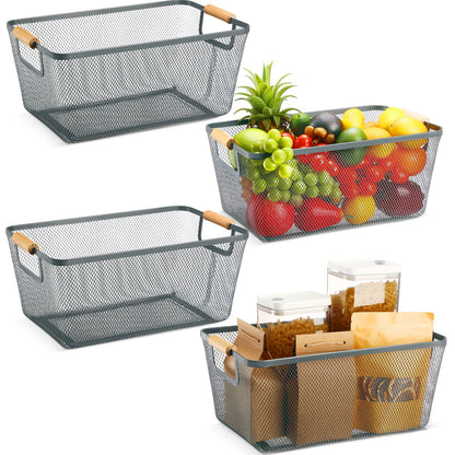 Metal Mesh Storage Baskets with Wooden Handles