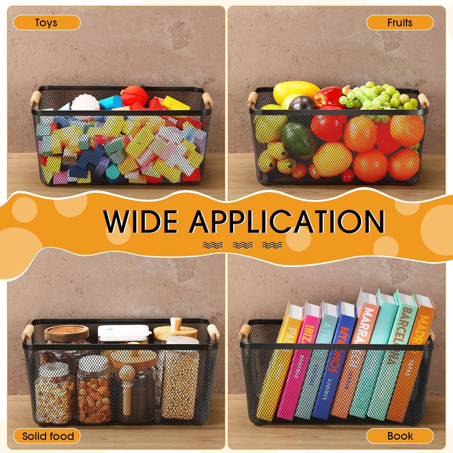 Metal Mesh Storage Baskets with Wooden Handles